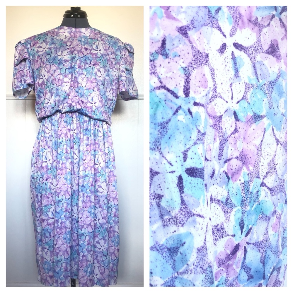 Vintage Dress 1980's Midi Watercolor Blue Purple Floral Tiered Sleeves Flowy L